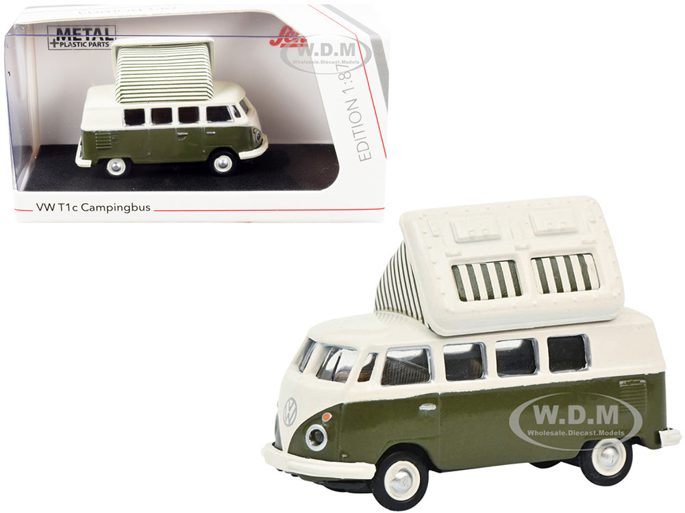 Volkswagen T1 Camper Bus with Pop-Top Roof Green and Cream 1-87 (HO) Diecast Model by Schuco