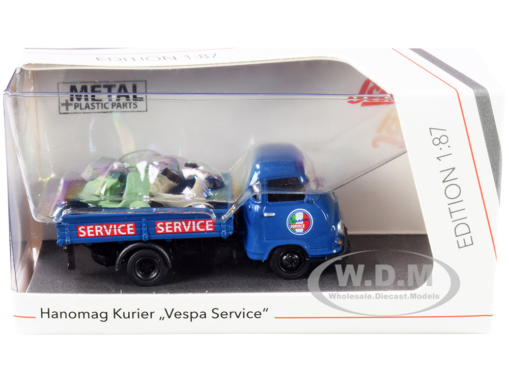 Hanomag Kurier Transporter "Vespa Service" Blue with 2 Vespas (Green and Cream) 1-87 (HO) Diecast Models by Schuco