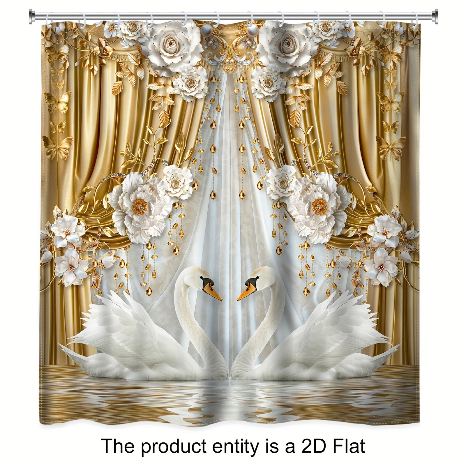 TEMU 2d Flat 1pc-4pcs - Swan Shower Curtain Set, Shower Curtain With 12 Plastic Hooks, Bathroom Non-slip Floor Mat, Toilet U-shaped Mat, Cover Mat,