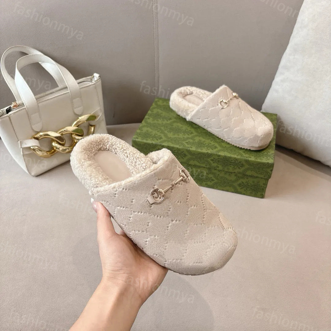 Designer Sandals Beige Suede Mule Flat Comfort Clog Slide Shearling Platform Slipper Men Women Fur Mules House Winter Flora Slides