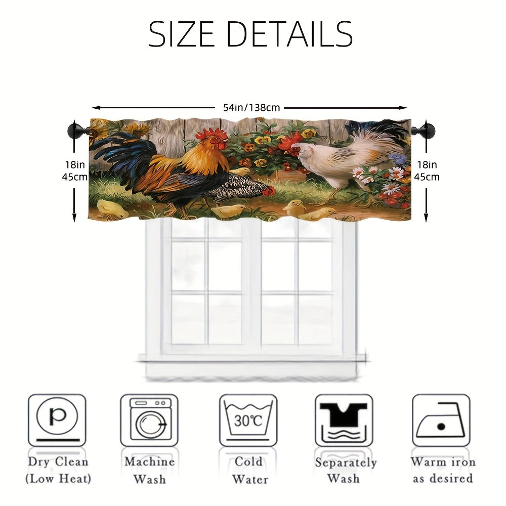TEMU Farmhouse Rooster Window Curtain, Brown Background Floral Sunflower Plant Chick Pattern Print Window Curtain, Vintage Style, Suitable For Coffee
