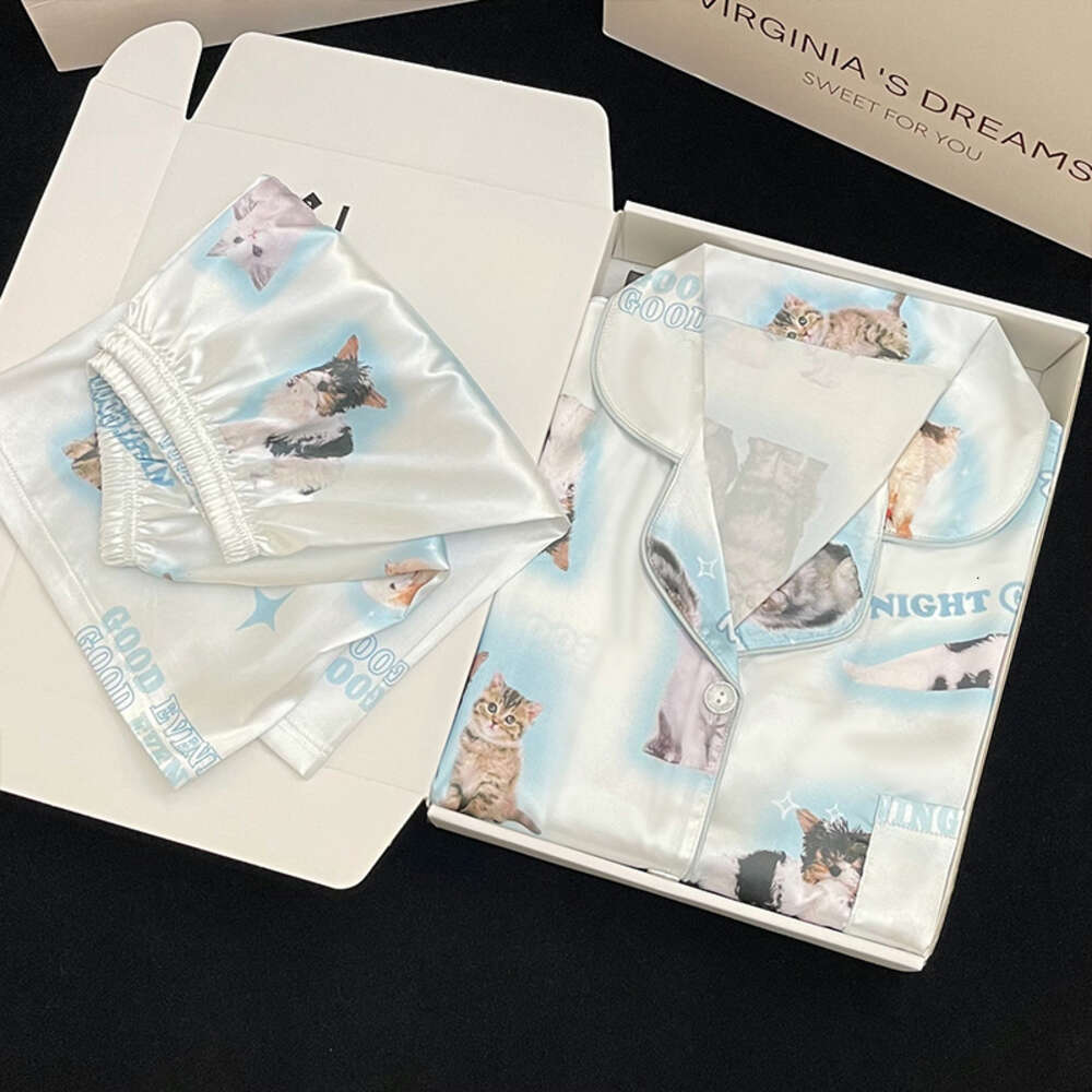 Women&#039;s Pamas Sets Spring Autumn 2 Piece Animal Pyjama Faux Silk Satin Sleepwear Short Sleeve Button Pijama Mujer Pjs Homewear Sleepwear