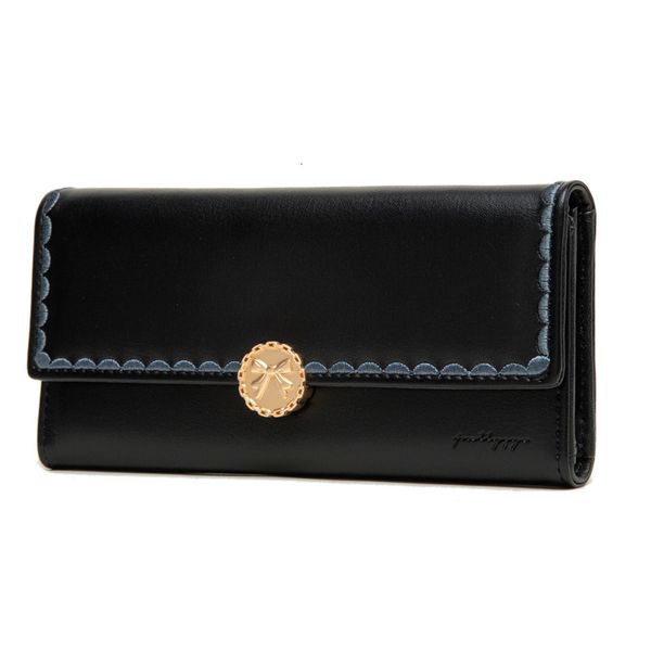 Love Step New Long Women&#039;s Solid Color Bow Buckle Three Fold Embroidered Handbag Wallet Clip