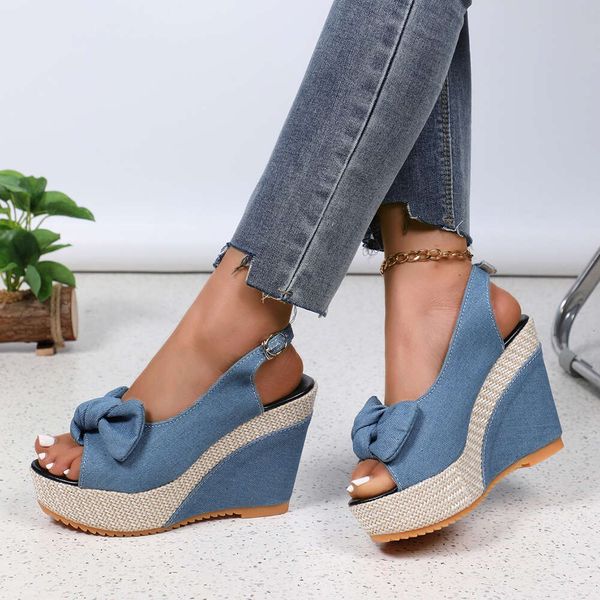 HBP Wedge sandals Thick soled open toed high-heeled sandals for women Butterfly Knot Waterproof Platform Fish mouth buckle sandals Cowboy ca