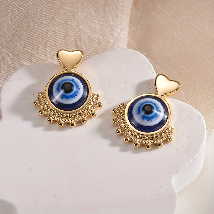 TEMU Chic Vintage-inspired Blue Eye & Heart Drop Earrings For Women - Stainless Steel Posts, Copper , Casual Attire