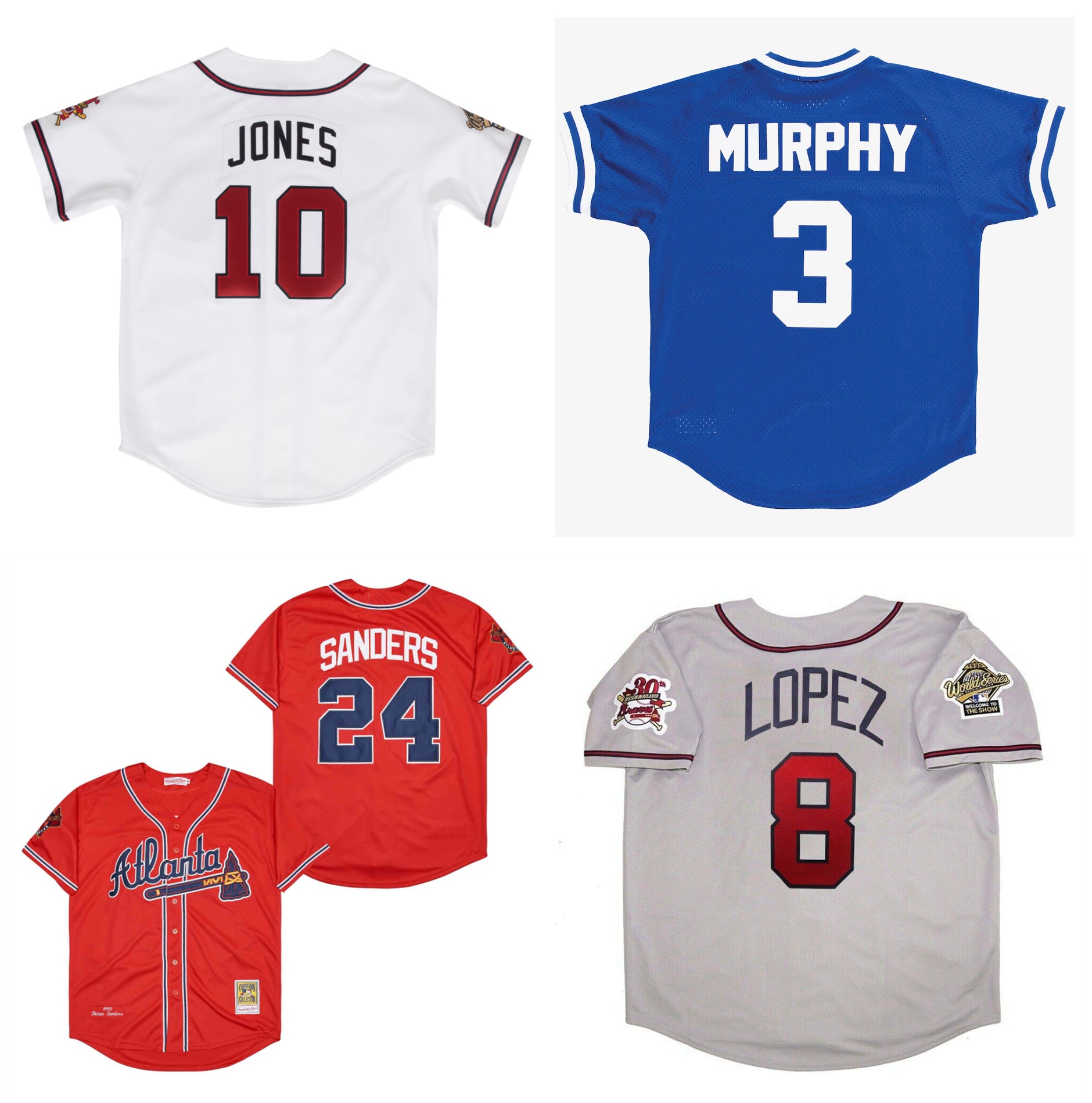 3 Dale Murphy Brave 24 Deion Sanders 1995 World Series Baseball Jerseys 6 Bobby Cox 8 Javy Lopez 23 David Justice White Grey Red Size S-3XL