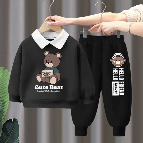 Clothing Sets Autumn childrens boys clothing set childrens girls cartoon bear print sports shirt zipper top and pants T241212