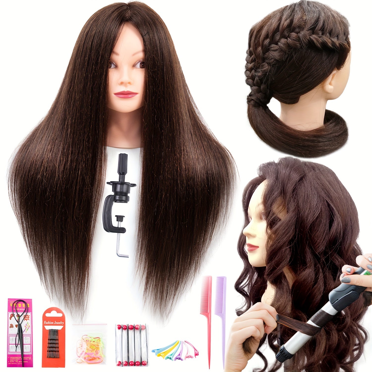 TEMU Brown Mannequin Head With Hair And Stand, Brown Hair Mannequins To Practice On, Doll Head For Hair Styling, Cosmetology Mannequin Heads For Hair