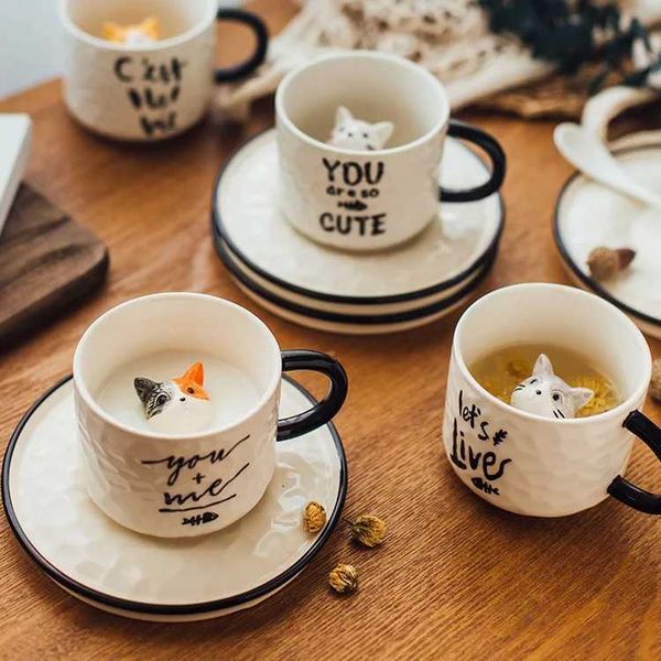Cute Kitten Ceramic Cat Claw Cup Afternoon Tea Coffee Cups with Plates Dishes Ceramic Mug for Couples and Children Drinking MilkC241214