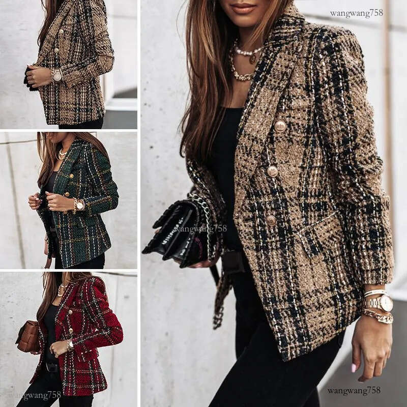 Women&#039;s Suits & Blazers Women 2021 Fashion Texture Double Breasted Check Blazer Coat Vintage Long Sleeve Pockets Female Outerwear