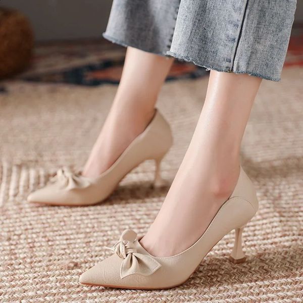 Ladies Summer Footwear Formal Shoes for Women Black with Medium Heels Stilito Moccasins Bow Elegant Dress Spring on Sale A 240904