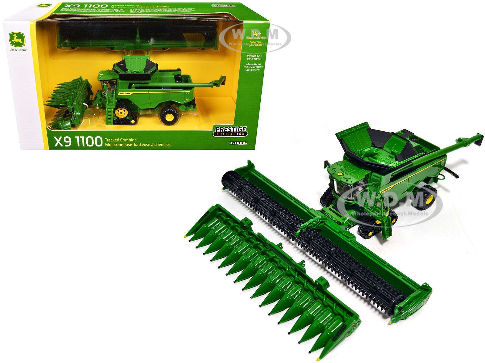 John Deere X9 1100 Tracked Combine with 16-Row Corn Head and Draper Grain Head Green "Prestige Collection" 1-64 Diecast Model by ERTL TOMY