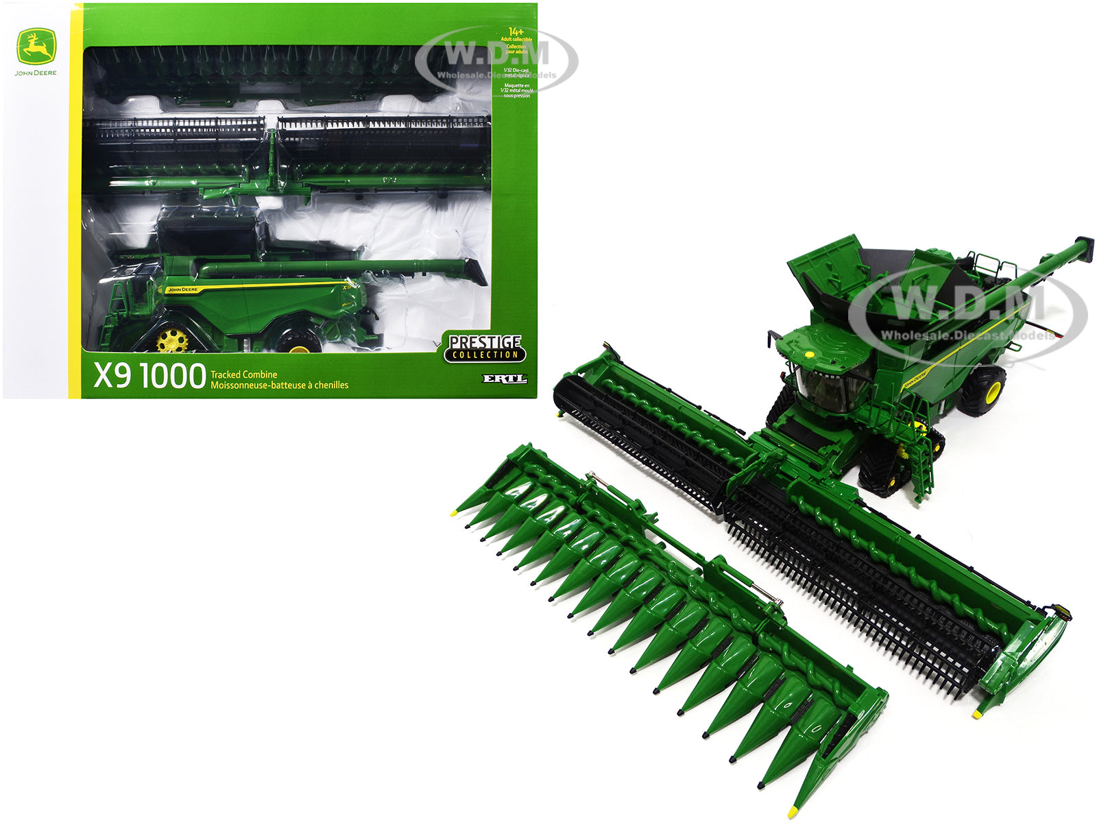 John Deere X9 1000 Tracked Combine with 16-Row Corn Head and Draper Grain Head Green "Prestige Collection" Series 1-32 Diecast Model by ERTL TOMY
