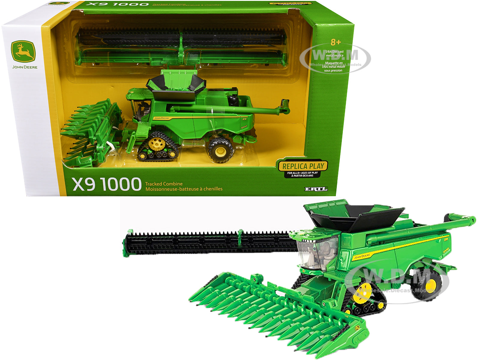 John Deere X9 1000 Tracked Combine with 16-Row Corn Head and Draper Grain Head Green "Replica Play" Series 1-64 Diecast Model by ERTL TOMY