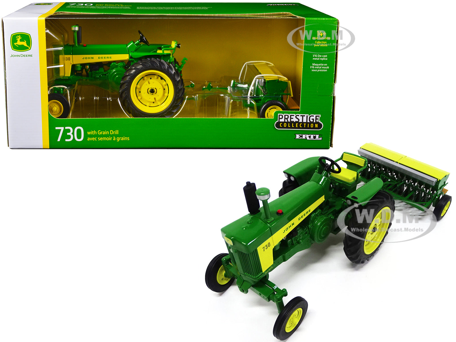 John Deere 730 Tractor Green with Grain Drill "Prestige Collection" 1-16 Diecast Model by ERTL TOMY