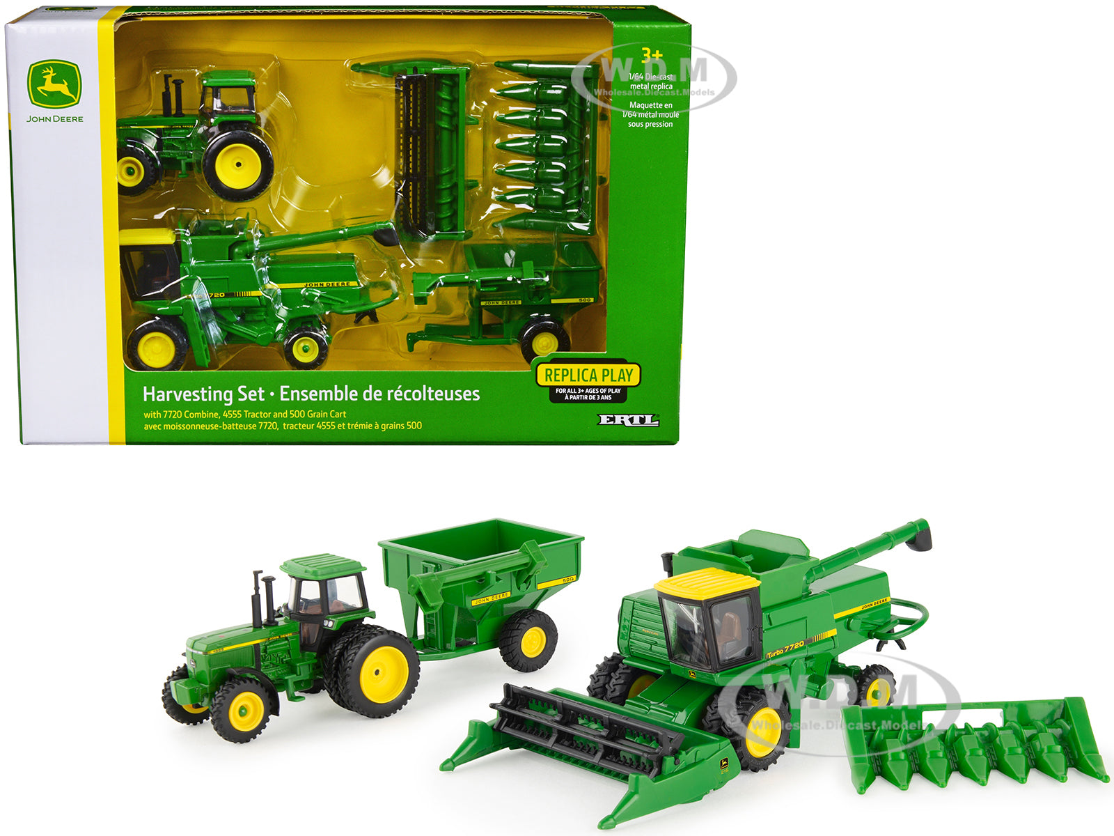 John Deere Harvesting Set of 3 pieces - 7720 Combine 4555 Tractor and 500 Grain Cart 1-64 Diecast Models by ERTL TOMY