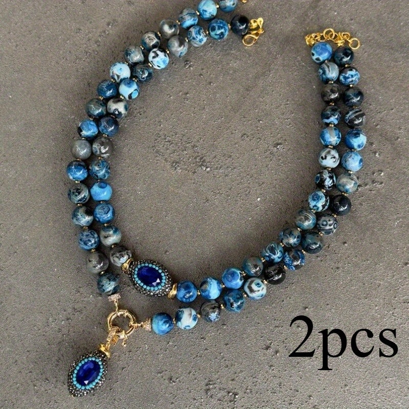 TEMU Bohemian Vintage Blue Stone Pattern Natural Stone Necklace - Golden-tone Copper Alloy Round Beads With Oval Pendant, Everyday & Vacation Jewelry