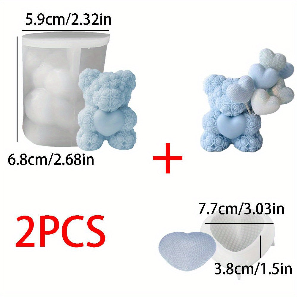 TEMU 2pcs Handheld Teddy Bear Silicone Candle Molds Weaving Heart Candles 3d Embossed Rose Bear Striped Soywax Candle Making Kit Suitable For