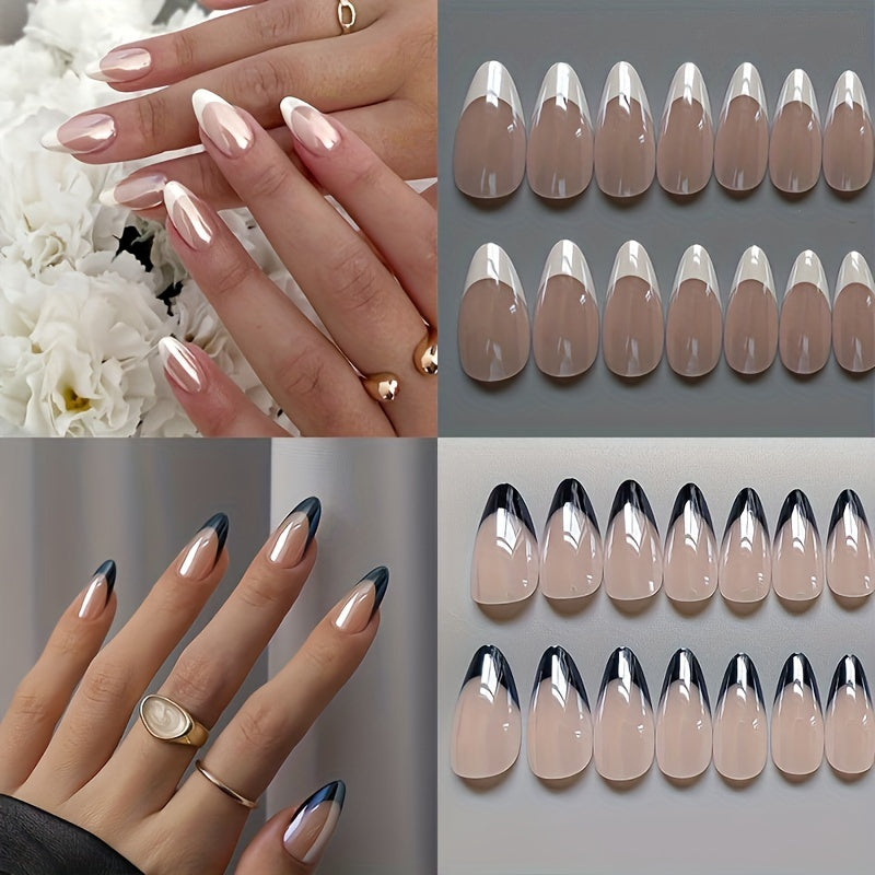 TEMU 2packs (48pcs) Press-on Nails, Gorgeous Chrome-plated Pink Glossy Nails, Almond Nails, Black And White French Simple Combination