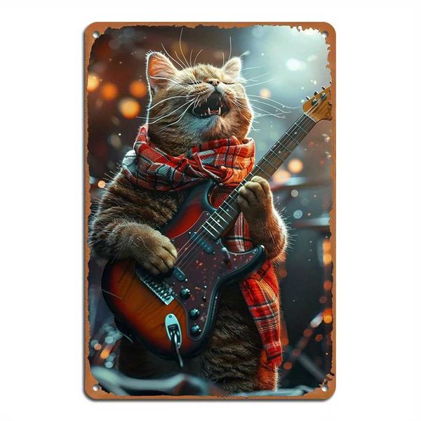 Rock Cat Playing Guitar Metal Logo Retro Iron Wall Decoration 8x12 inches Used for Home Bar Coffee Shop Restaurant Garage Y250113