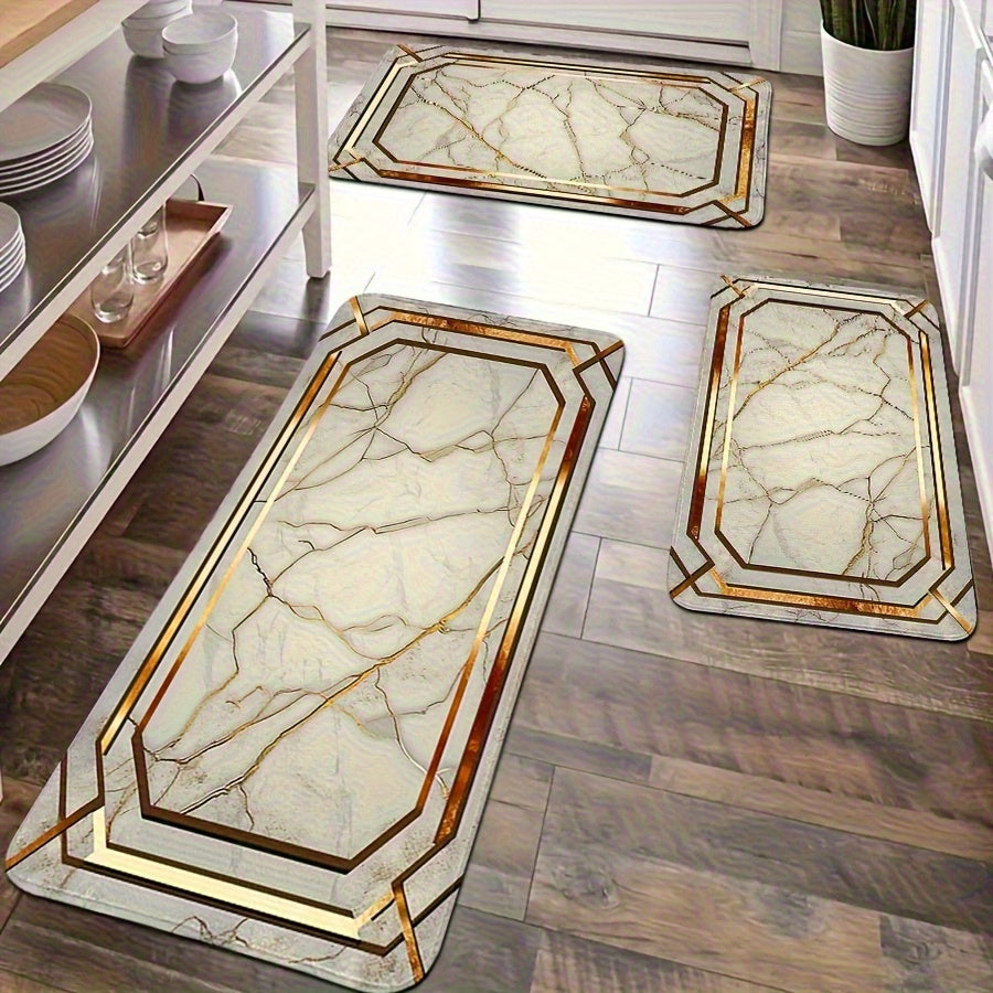 TEMU 2pcs Decorative Floor Mat Set, Marble-style Printed Kitchen Floor Mat, Flannel Material, Easter Home Decoration, Laundry Room Entrance
