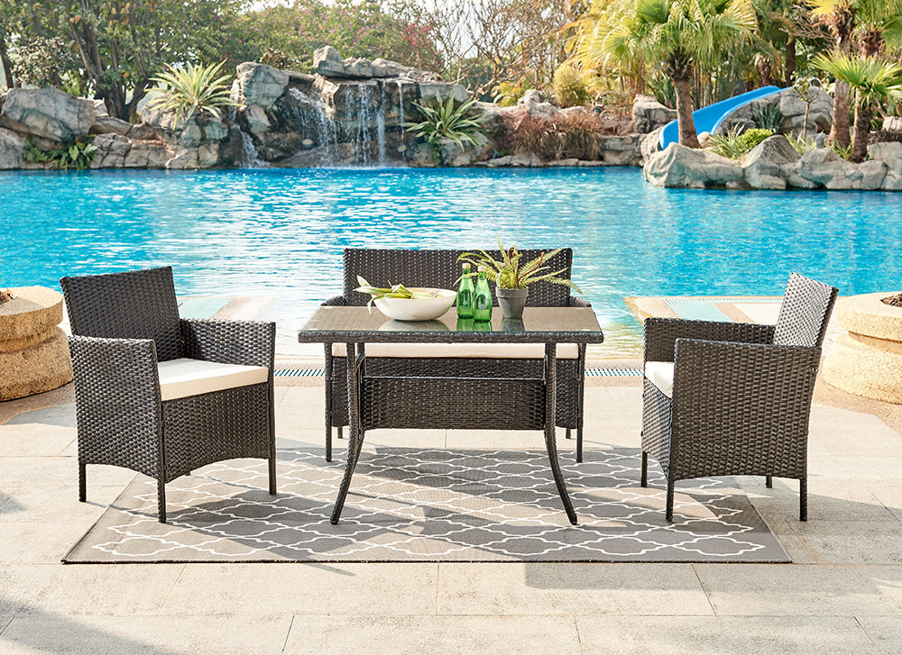 Rattan Garden Furniture Set | Conservatory Patio & Outdoor Table, Chairs & Sofa with Optional Bench, Black 4 Piece