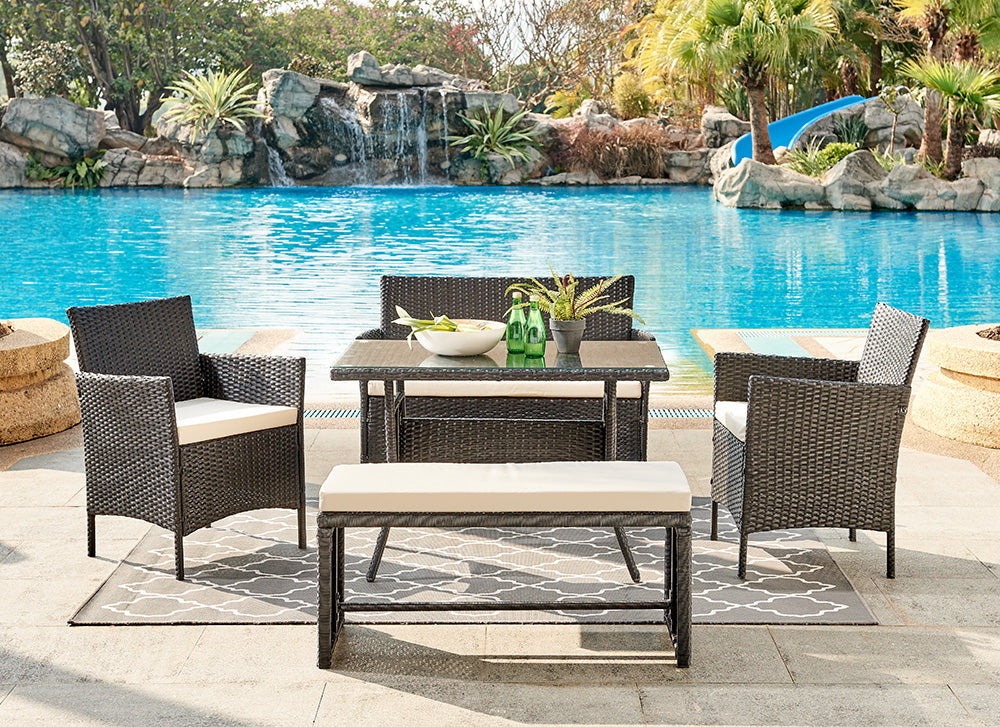 Rattan Garden Furniture Set | Conservatory Patio & Outdoor Table, Chairs & Sofa with Optional Bench, Black 5 Piece