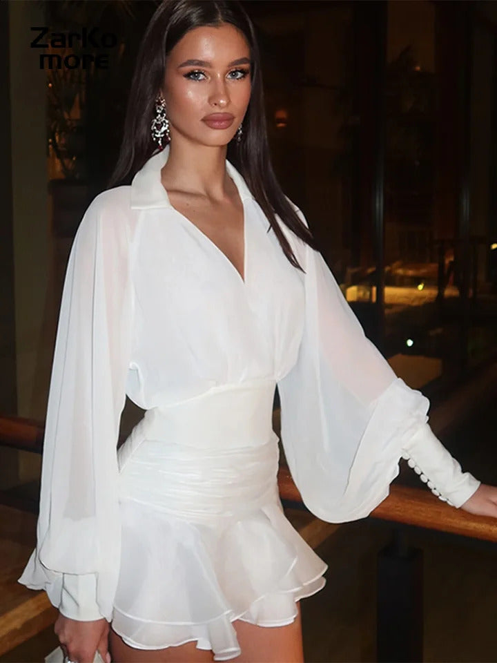 Ruffles Blouses Mini Skirts Set For Women Backless V-neck Long Lantern Sleeves Shirts A-line Skirt 2025 Summer 2 Pieces Outfits 250409