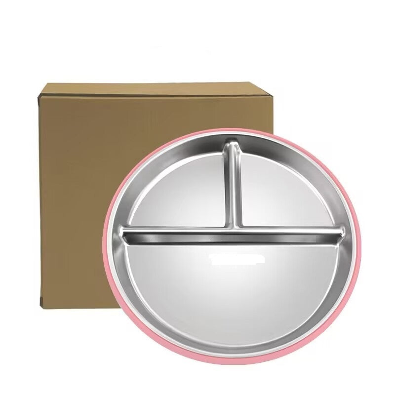 Stainless steel tray with silicone absorbent base, utensil set, baby feeding tableware, children&#039;s dining plate supplies