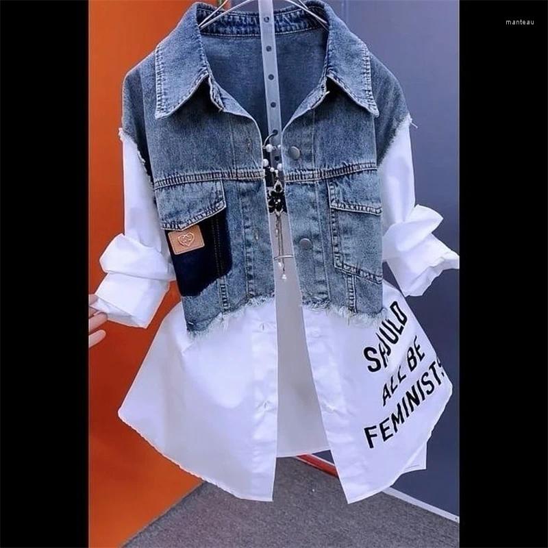 Women&#039;s Blouses Splicing Denim Jacket Women Spring Autumn Korean Fashion Shirt Ladies Tops Casual Jean Coat Female Windbreaker