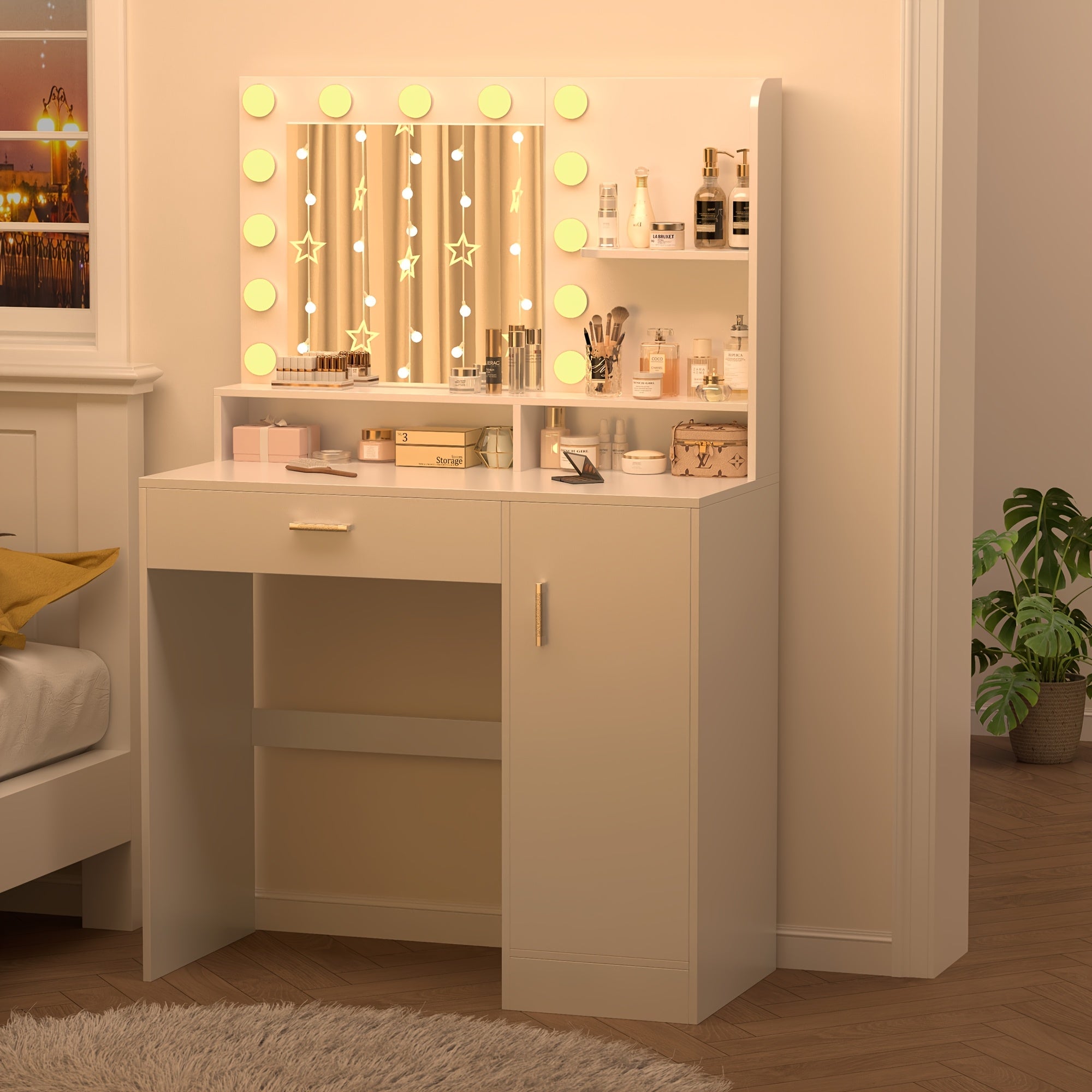 TEMU 34 Inch White Makeup Vanity, Large Mirror And Light Bulb, 1 Drawer, 1 Cabinet And 3 Types Of Led Illuminated Mirrors, Bedroom Or Bathroom,