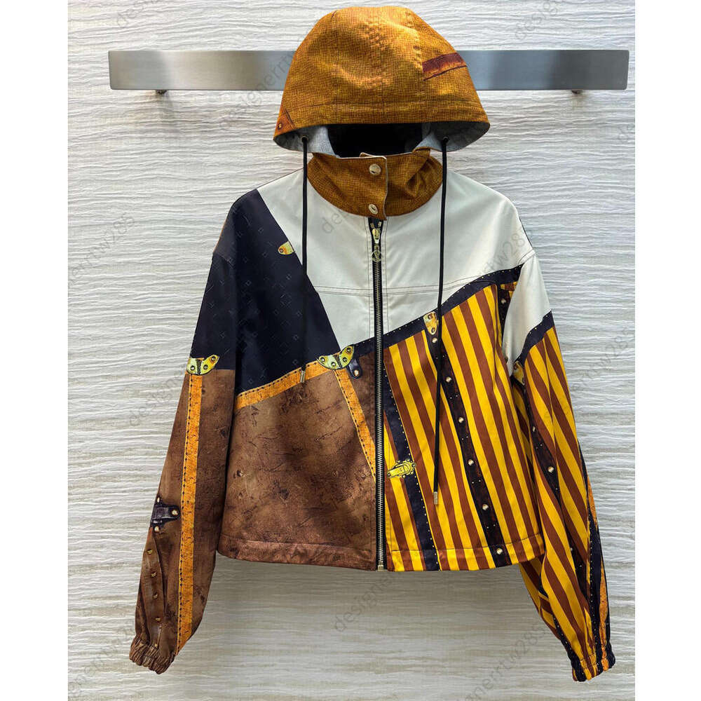 Womens Designer Hooded Jacket Color Block Striped Vintage Patchwork Oversized Zip Up Coat Trendy Streetwear Fall Winter Outerwear High End Style