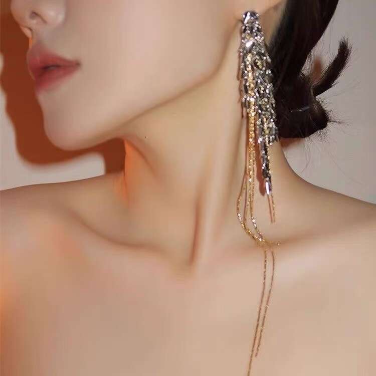Exaggerated Wheat Spike Chain Long Tassel Stylish Sister Earrings, 2025 New High-End Design Suitable for Round Faces