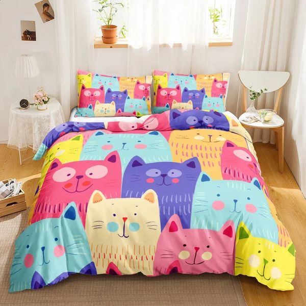 3PCS Singlesided Printed Bedding Set Comforter Cartoon Cute Cat Duvet Cover Pillows Comfortable Bedspreads 241119