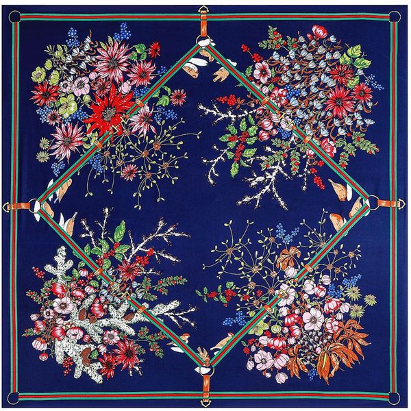 Twill Silk Scarf Women Fashion Large Hijab Carriage Flower Printing Square Scarves Shawls Wraps Female Foulard Bandana 130cm*130cm Decorativ