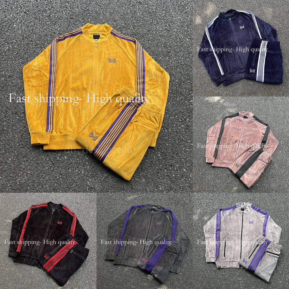 Mirror quality Designer Men&#039;s Tracksuits Couple Needles Butterfly Embroidered Velvet Cardigan Retro Ribbon Zipper Jacket Pants Casual Sports Co