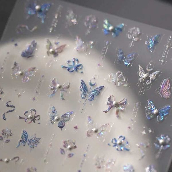 Blue Purple Butterfly Rose Bowknot Starlight Polarized 3D Self Adhesive Nail Art Stickers Pearl Rhinestone Chic Manicure DecalsXJ240814