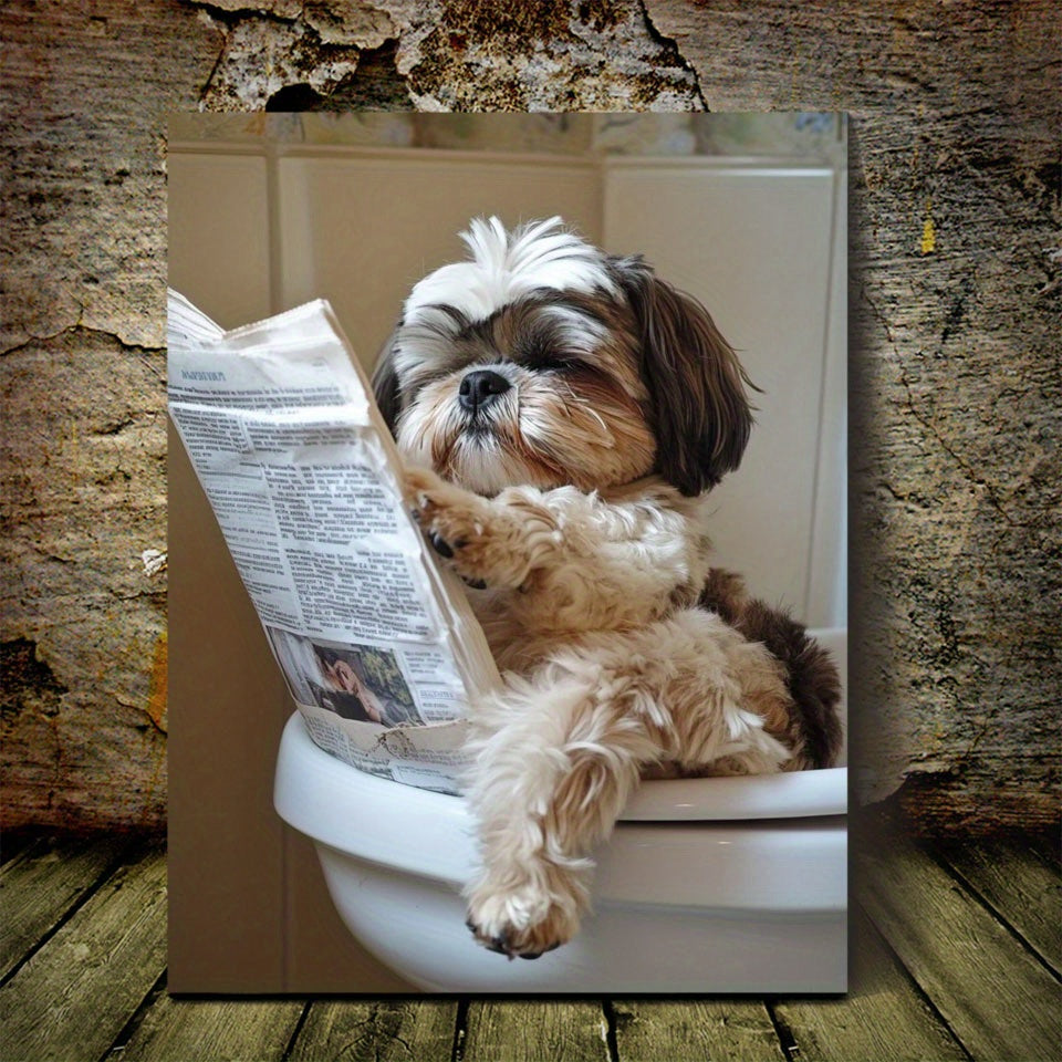 TEMU 1pc, With Frame Canvas Painting Canvas Art Wall Decor, 11.8inx15.7inch, Sitting On The Toilet And Reading Newspapers Cute Shih Tzu Sleeping,