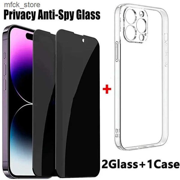 Cell Protectors 2PCS Anti-Spy Tempered Glass+1PC Phone Case Set Meal For iPhone 15 13 14 12 11 Pro Max 16 Plus Screen Protector Protective F