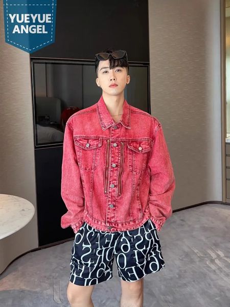 Mens Denim jacket High Steet Spring Autumn Casual Outerwear Single Breasted Loose Fit Long Sleeve Vintage Short Coat 250206