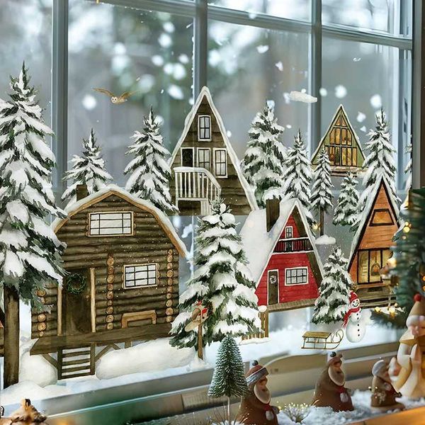 Double-Sided Christmas Window Clings Winter Cabin in Snowy Forest Static Cling Decal for Holiday Home Decor Window StickerXJ241114