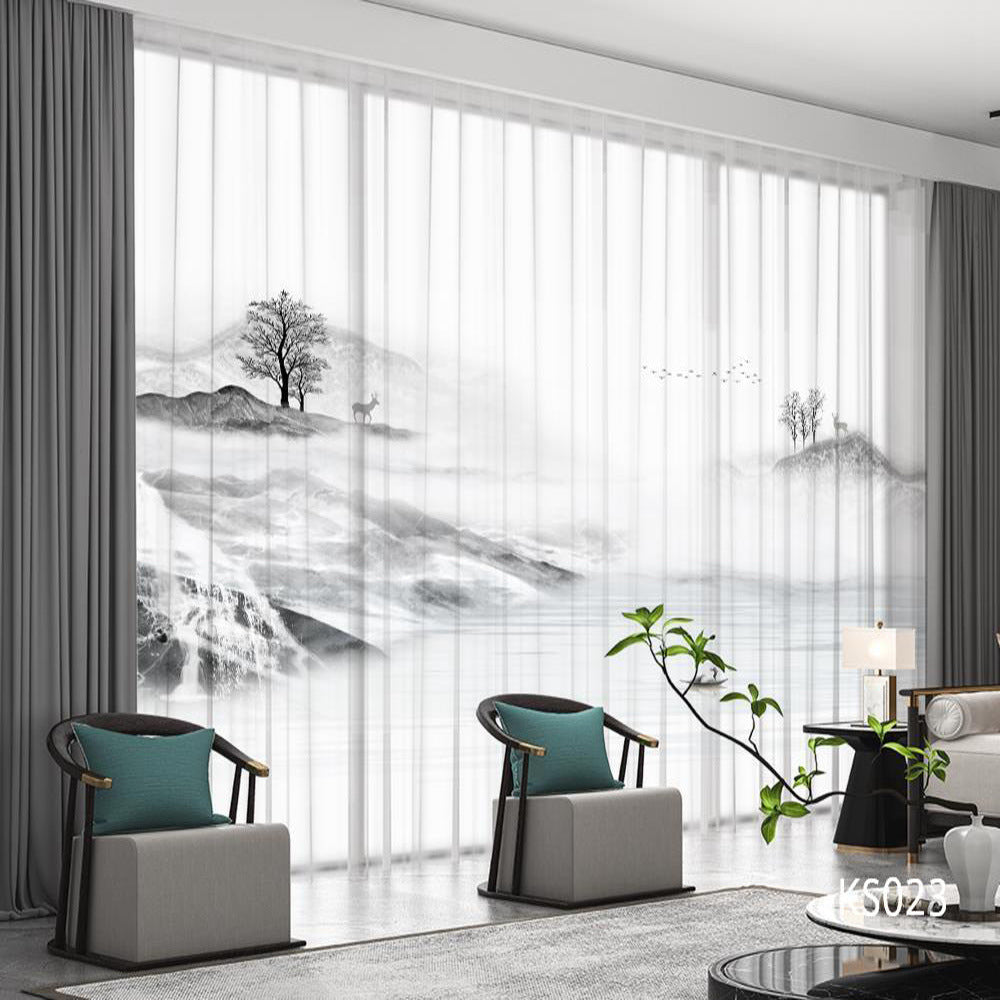 YL-36696 Modern New Chinese Style Ink Painting Landscape Living Room Study High-end Bedroom Famous Hotel Curtain Zen Gauze Curtain