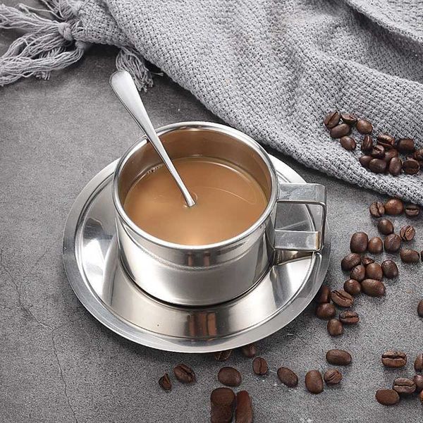 New Stainless Steel Coffee Cups 3pcsset With Tray Stirring Spoon Double Wall Insulation Milk Tea g Household Water CupC250118
