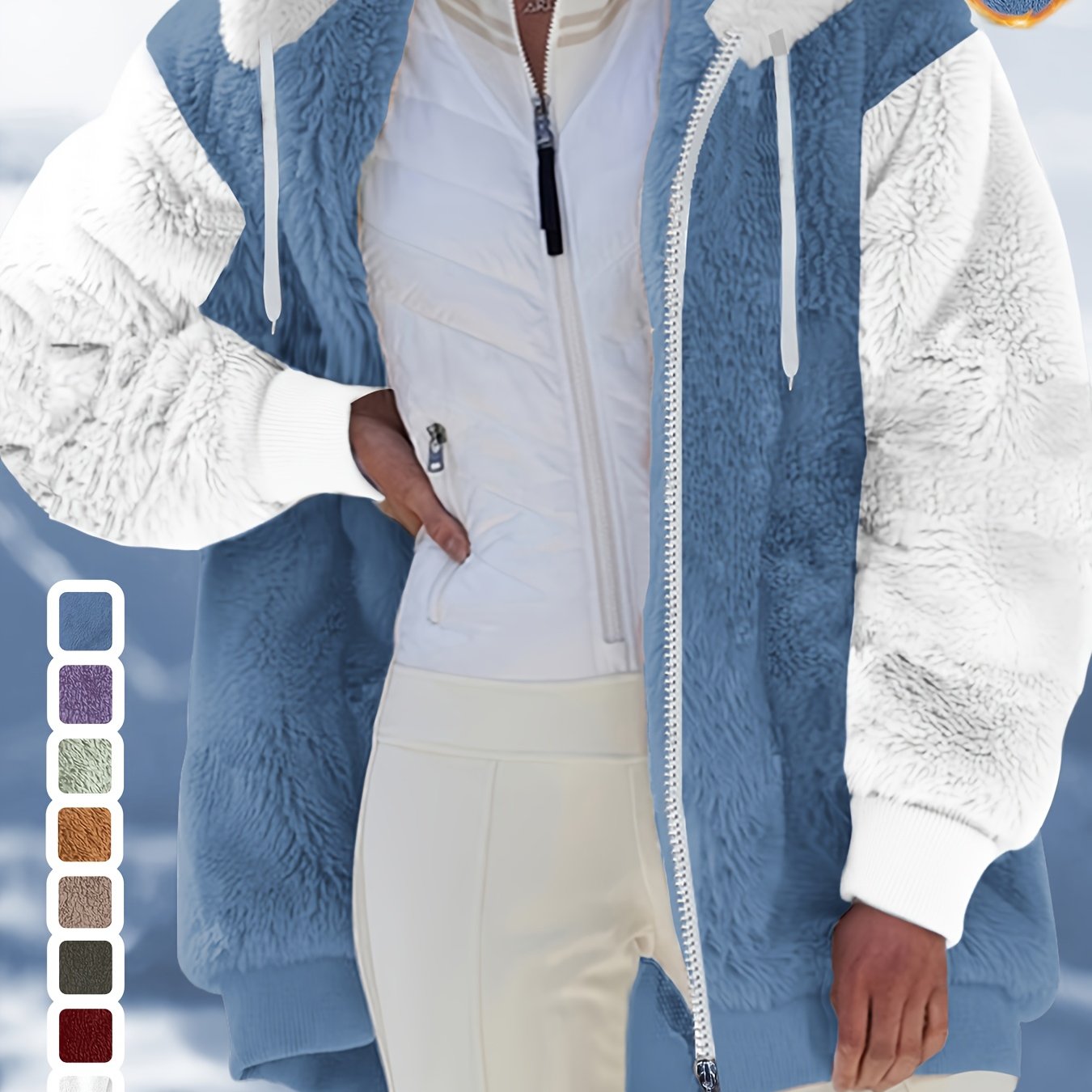 TEMU Women's Plush Fur Hooded Jacket - Winter Warm Color , Relaxed Fit Zip-up Coat With Fur-lined Hood, Machine Washable Casual Outerwear For Cold