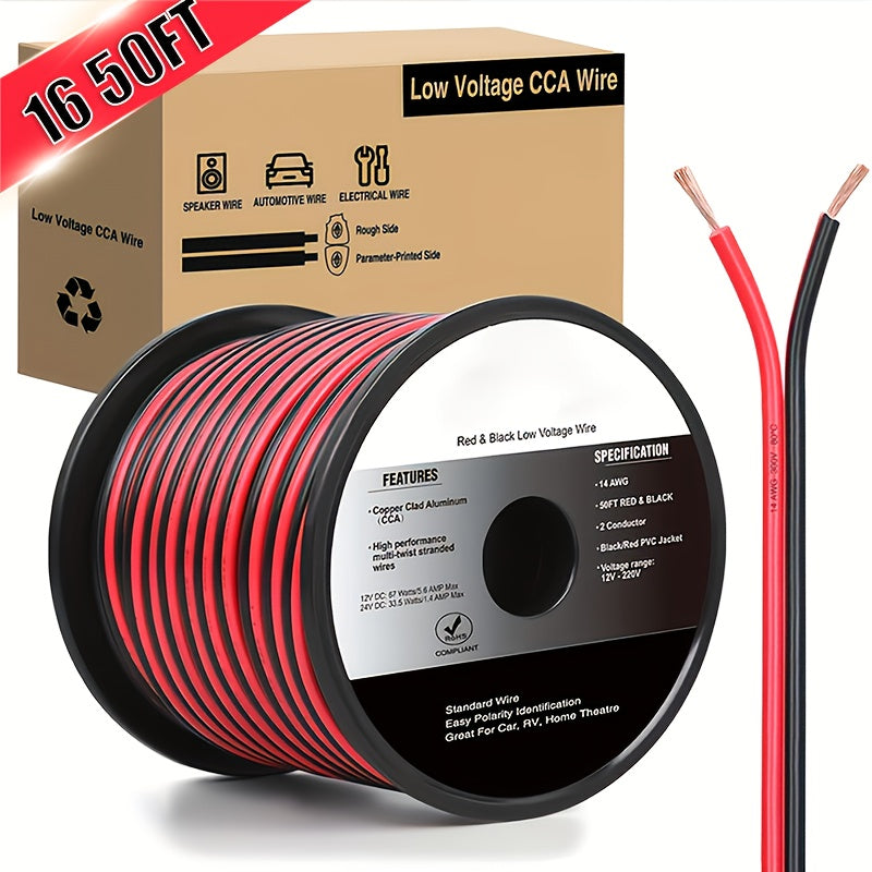TEMU 50ft 12awg Or 100ft 12 Awg Copper Clad Aluminum Wire 12-2 Gauge Red Black Cca Electrical Cable 2 Conductor Parallel 12v-24v Flexible Extension