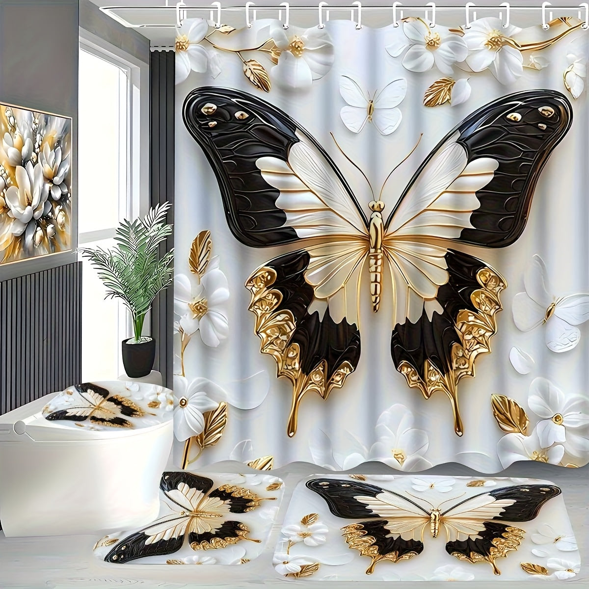 TEMU 1-4pcs Simple Floral Bathroom Set - Waterproof Insulated Polyester Shower Curtain, Non-slip Bathroom Mat, U-shaped Carpet, Toilet Mat, With 12