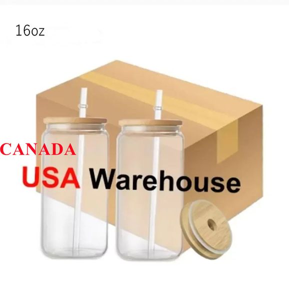 USA -Canada Local Warehouse 16oz Sublimation Glass Beer Mugs Blan Water Bottles Can Iced Tumblers Drinking Mason Jars With Bamboo Lids And R