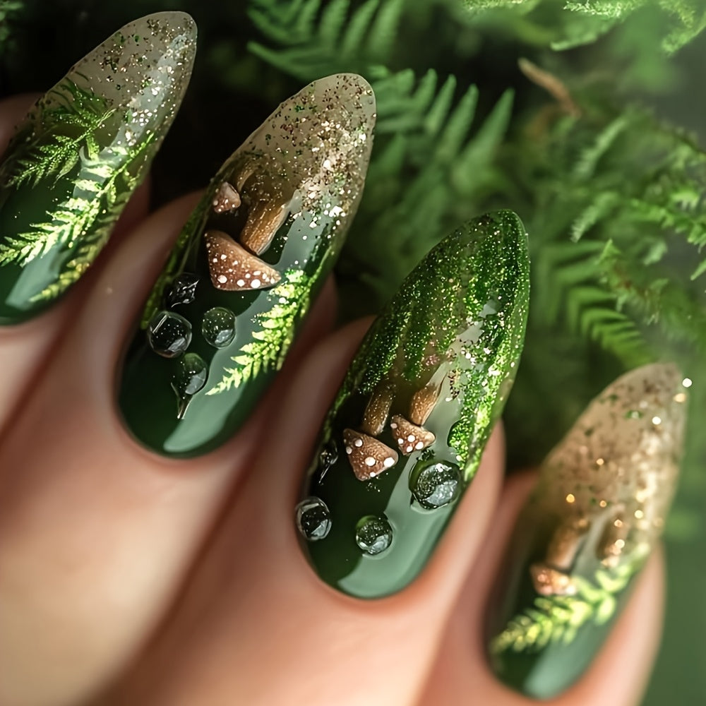 TEMU 24pcs Teardrop Press-on Nails - Whimsical Mushroom & Fern Glitter Design, Glossy Green & Brown Fake Nails For Women & S, Medium Length Reusable