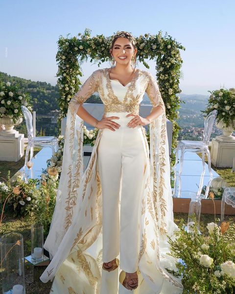 Elegant A-Line Overskirt Wedding Dresses With Gold Sequins, Long Sleeves, And Pants | Perfect For Arabic Garden Bridal Party