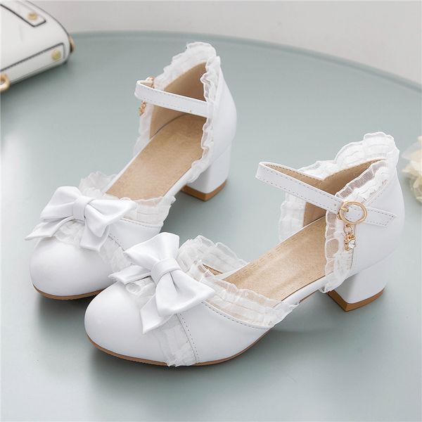 Japanese Sweet Lolita Princess Dance Girls Cute Bowtied Summer Shoes Round toe White Pink College Pumps Ladies Sandals ab77